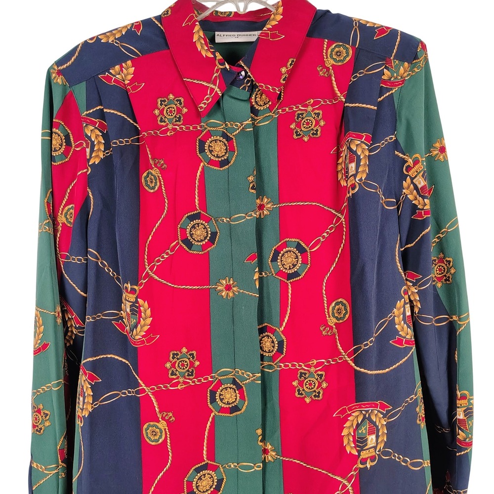 NWT Alfred Dunner Womens SZ 14 Fall Classics Shirt Multicolor Chain Crest Preppy
